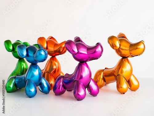 2408 114.A fun set of 3D balloon dogs in various bright, metallic colors, twisted into playful puppy shapes. The glossy, multicolored designs have a shiny finish, giving them a playful and modern