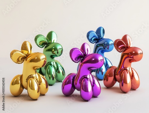 2408 114.A fun set of 3D balloon dogs in various bright, metallic colors, twisted into playful puppy shapes. The glossy, multicolored designs have a shiny finish, giving them a playful and modern