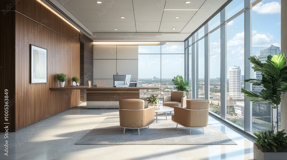 A modern open office features large windows that provide inspiring city views A modern open office features large windows that provide inspiring city views