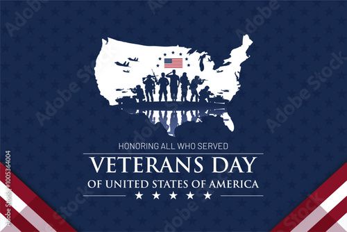 Happy Veterans Day 2024 Design Concept. US Army Veterans Silhouette on Elegant Blue Stars Background. Bst for Veterans, Hero, US Army, Independence Day. Vector Illustration