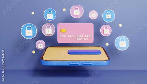 A smartphone displays a card surrounded by colorful lock icons, symbolizing security and online protection.