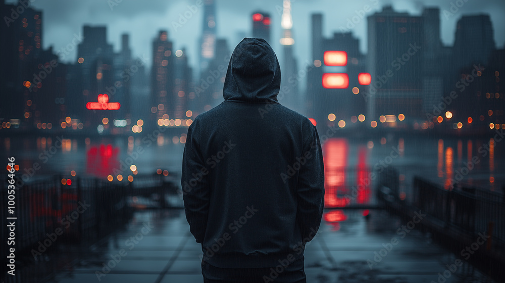 Plain Black Hoodie with New York City Skyline and Dramatic City Lights Plain Black Hoodie with New York City Skyline and Dramatic City Lights