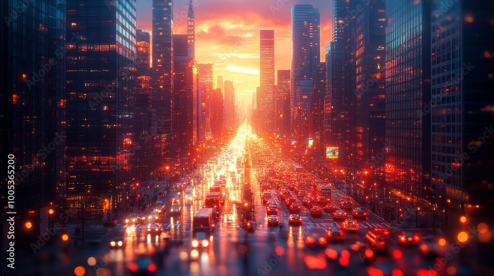 Fototapeta premium Busy City Street at Sunset with Traffic Generative AI