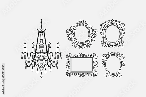 silhouette antique picture frames and crystal chandelier vector 