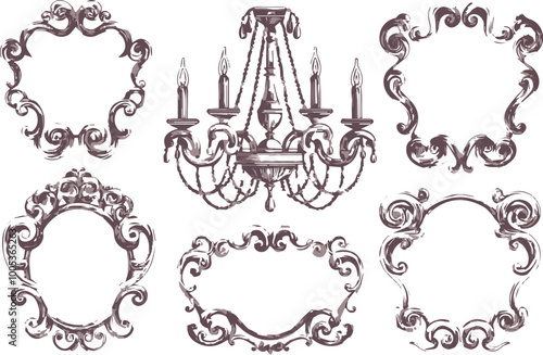 silhouette antique picture frames and crystal chandelier vector 