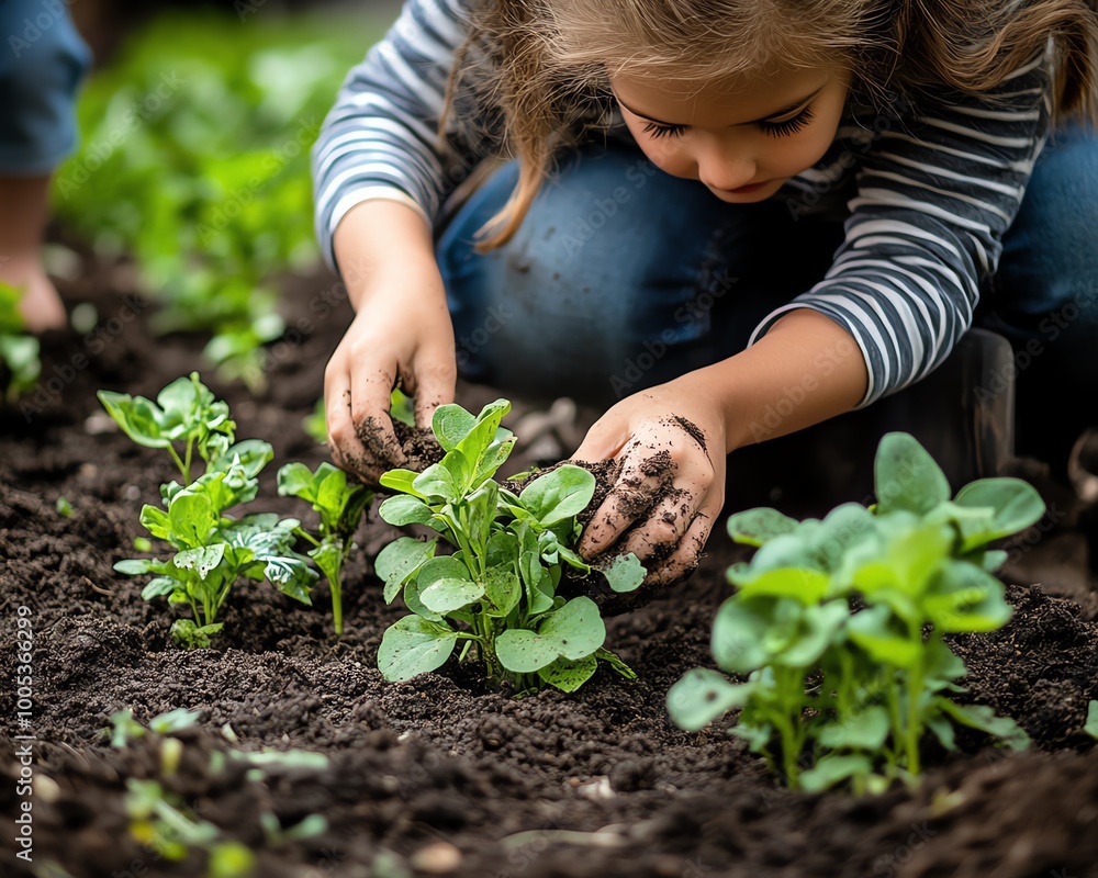 Fototapeta premium Mother and child planting seeds together in their backyard garden, hands dirty with soil, excited to see flowers grow, Spring Garden Planting concept