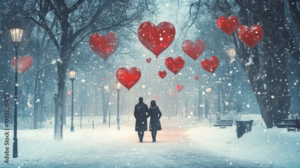 A romantic atmosphere envelops a couple as they walk among heart-shaped balloons in a snowy park, celebrating their love in a magical setting A romantic atmosphere envelops a couple as they walk among heart-shaped balloons in a snowy park, celebrating their love in a magical setting