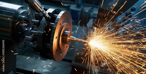 A metal lathe spins a workpiece as a cutting tool creates sparks. 