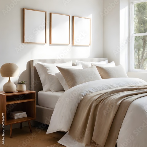 Three mockup frames on the wall of bedroom interior background, mockup frame design, frame mockup