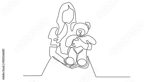 Wallpaper Mural continuous line of woman and teddy bear.vector single line of woman hugging teddy bear.isolated white background Torontodigital.ca