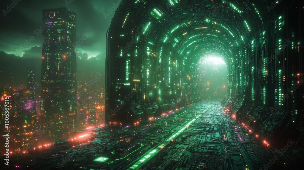 Obraz premium Futuristic Tunnel and Cyberpunk Cityscape Generative AI