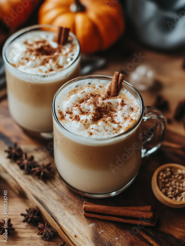 cup of cappuccino with cinnamon sticks photo