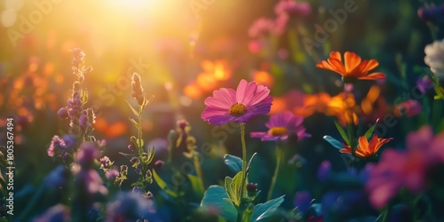 Serene Spring Flower Field Under a Sunny Sky