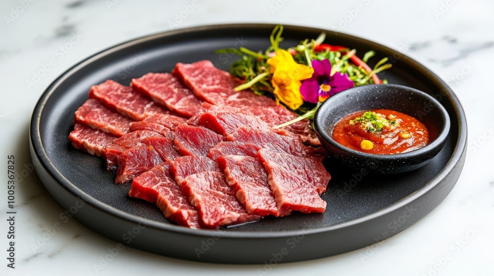 Elegant presentation of sun-dried Wagyu beef, thinly sliced, displayed on a black ceramic plate with a side of spicy dipping sauce and garnished with edible flowers Elegant presentation of sun-dried Wagyu beef, thinly sliced, displayed on a black ceramic plate with a side of spicy dipping sauce and garnished with edible flowers