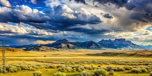 Reflected Wyoming landscape with mountains, cloudy sky, and grasslands