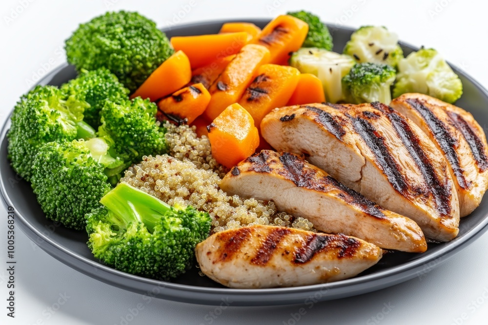 A well-portioned plate for diet control, featuring grilled chicken, steamed vegetables, and a small serving of quinoa, emphasizing balance and portion size. A well-portioned plate for diet control, featuring grilled chicken, steamed vegetables, and a small serving of quinoa, emphasizing balance and portion size.