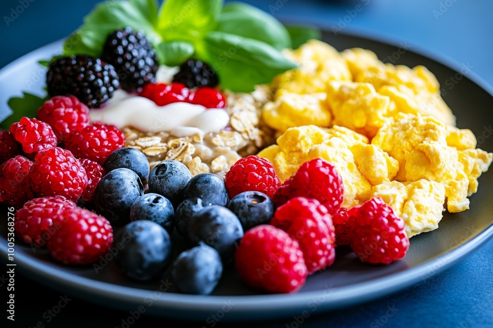 A well-rounded breakfast plate with oatmeal, fresh berries, and a side of scrambled eggs, creating a balanced mix of fiber, protein, and healthy carbs. A well-rounded breakfast plate with oatmeal, fresh berries, and a side of scrambled eggs, creating a balanced mix of fiber, protein, and healthy carbs.