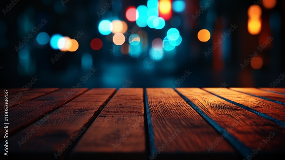 Wooden Surface with Blurry City Lights in the Background Wooden Surface with Blurry City Lights in the Background