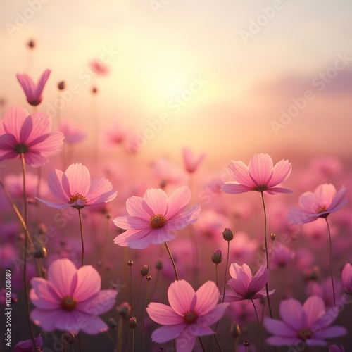 Pink pastel-toned cosmos flower garden background. Generative ai