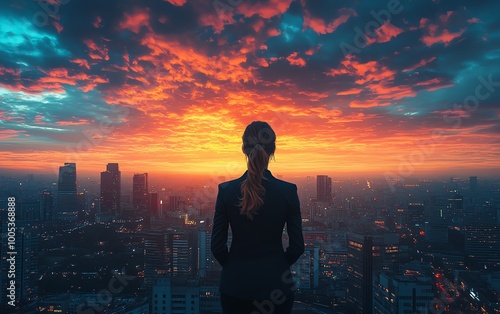 Successful businesswoman standing in formal clothing, watching the city skyline and skyscrapers during a dramatic sunset sky, from behind