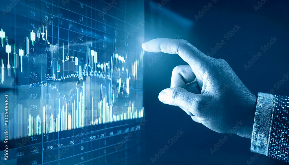Concept of finance and investment touchscreen graph of the stock market or FX trading. Business economic trends, financial charts, and figures