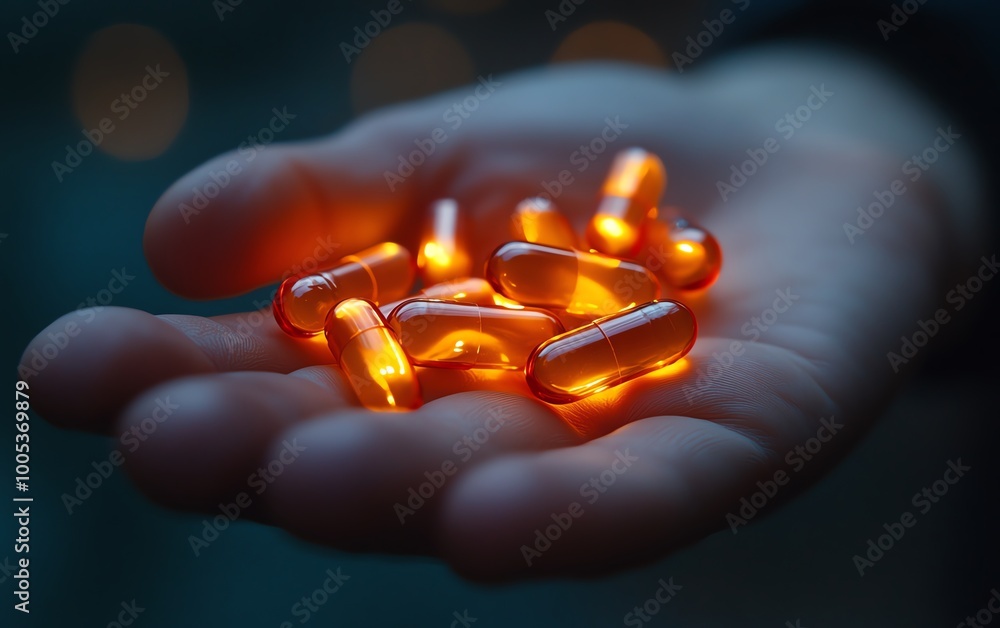 Closeup of a hand holding capsules, glowing with a revolutionary new medicine treatment concept Closeup of a hand holding capsules, glowing with a revolutionary new medicine treatment concept