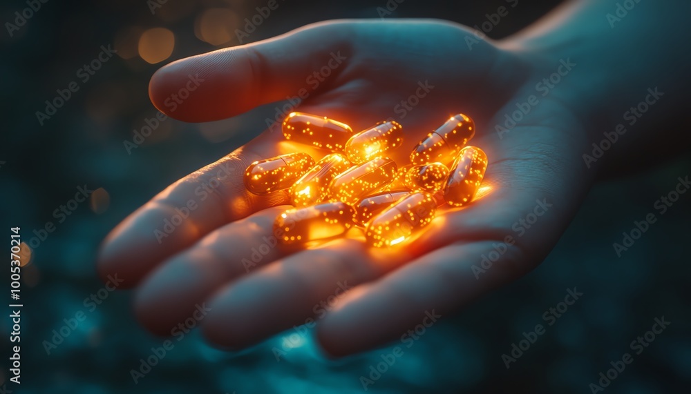Closeup of a hand holding capsules, glowing with a revolutionary new medicine treatment concept Closeup of a hand holding capsules, glowing with a revolutionary new medicine treatment concept