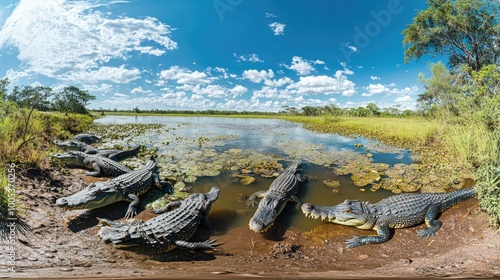 A panoramic view of a river filled with crocodiles during mating season, showcasing their unique courtship behavior. photo