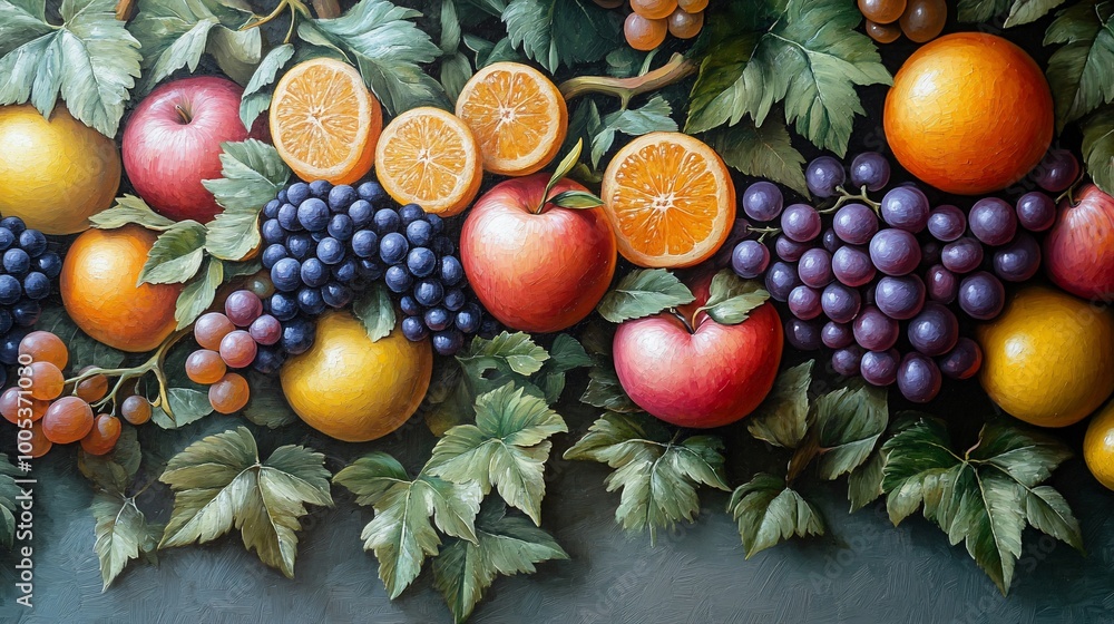 A still life painting featuring a colorful arrangement of grapes, oranges, and apples on a dark green background. A still life painting featuring a colorful arrangement of grapes, oranges, and apples on a dark green background.