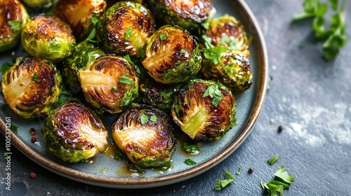 A plate of bitter-tasting Brussels sprouts roasted with balsamic vinegar, garlic, and herbs.