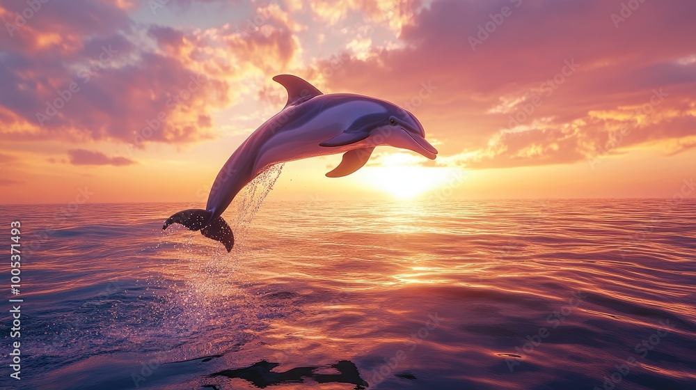 A playful dolphin leaping out of the water against a vibrant sunset, showcasing the beauty of marine life and the joy of nature. A playful dolphin leaping out of the water against a vibrant sunset, showcasing the beauty of marine life and the joy of nature.