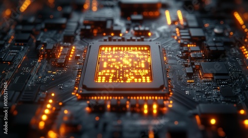 Close-up of Illuminated Microchip on Circuit Board Generative AI