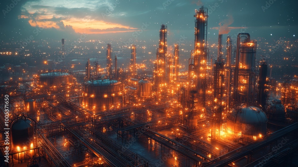 Nighttime Industrial Refinery Illuminated by Lights Generative AI Nighttime Industrial Refinery Illuminated by Lights Generative AI
