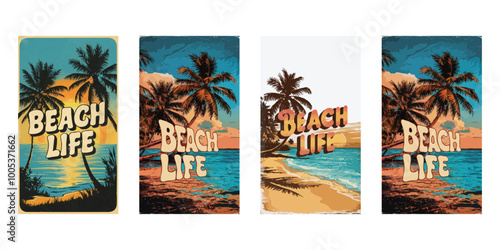 Beach life vector graphic t-shirt design set