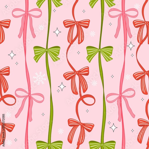 Christmas coquette bow stripes seamless pattern Pastel winter holiday gift Printable repeat digital paper 