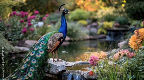 A proud peacock displaying its vibrant feathers in full bloom, showcasing the beauty of nature's colors in a tranquil garden.