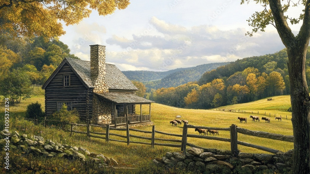 A rustic wooden house with a stone chimney, set in a rural landscape with rolling fields and grazing animals, showcasing pastoral beauty. A rustic wooden house with a stone chimney, set in a rural landscape with rolling fields and grazing animals, showcasing pastoral beauty.