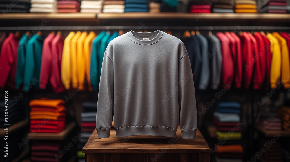 Fototapeta premium Plain Grey Sweatshirt with Colorful Clothing Backdrop