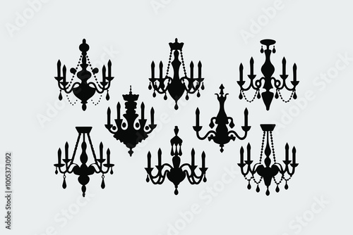 Silhouette illustrations of hanging crystal chandeliers 