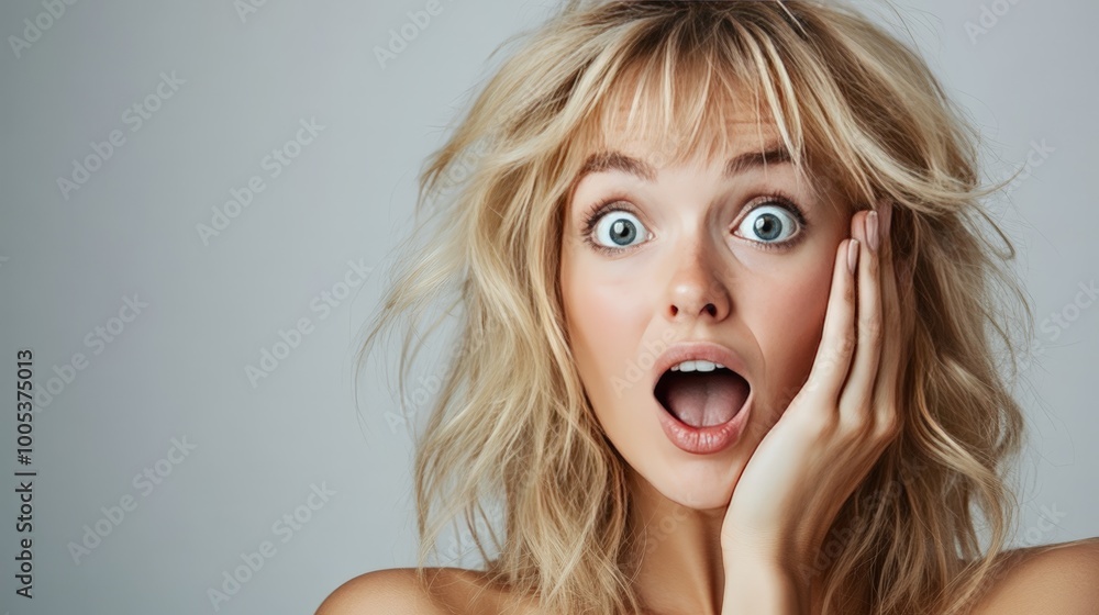 A surprised blonde female with wide eyes and a hand on her cheek, expressing a mix of shock and disbelief A surprised blonde female with wide eyes and a hand on her cheek, expressing a mix of shock and disbelief