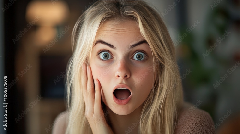 A surprised blonde female with wide eyes and her hand on her cheek, capturing an intense moment of astonishment A surprised blonde female with wide eyes and her hand on her cheek, capturing an intense moment of astonishment