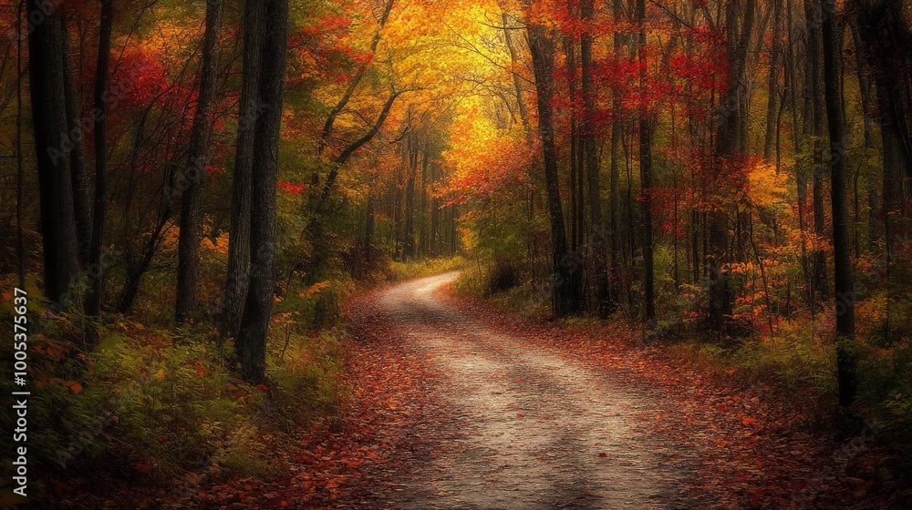 Obraz premium A tranquil forest path in autumn, where the peaceful walk is enhanced by the vibrant, fiery colors of fall foliage