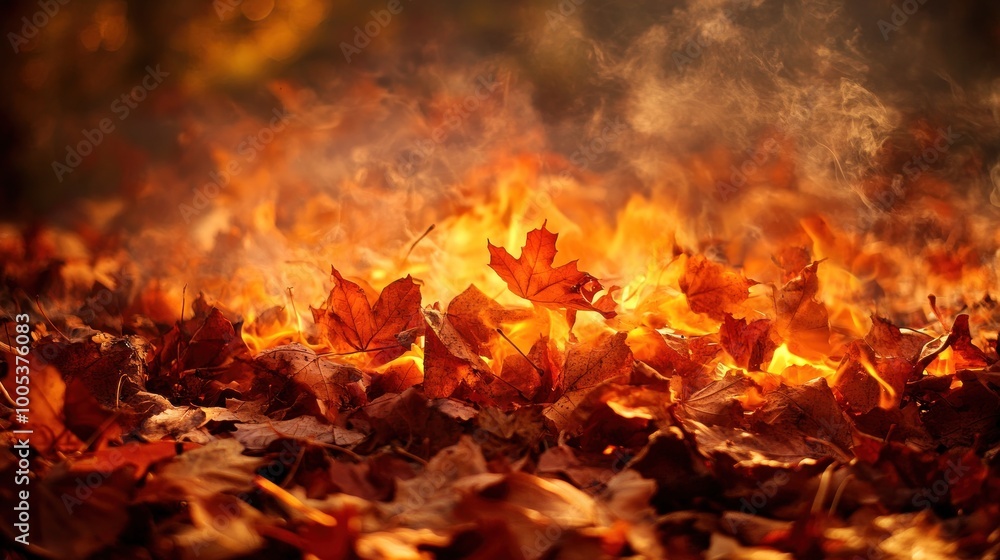 A fiery scene of autumn leaves burning, creating a warm and smoky atmosphere. A fiery scene of autumn leaves burning, creating a warm and smoky atmosphere.