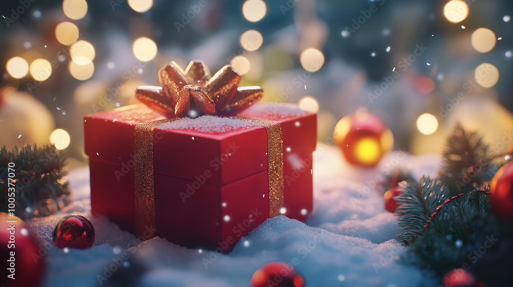 Christmas and New Year background with red gift box on snow background Christmas and New Year background with red gift box on snow background