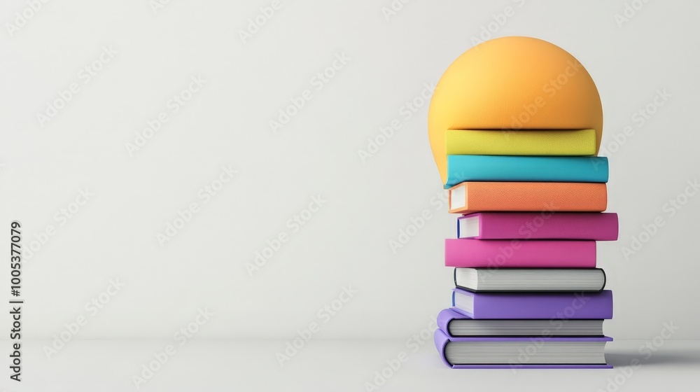A vibrant stack of colorful books arranged to resemble a light bulb against a pristine white background. A vibrant stack of colorful books arranged to resemble a light bulb against a pristine white background.