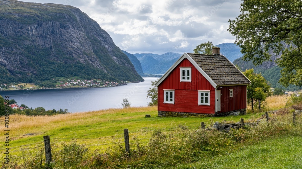 A traditional Scandinavian wooden house painted in vibrant red, nestled against a backdrop of fjords and mountains. A traditional Scandinavian wooden house painted in vibrant red, nestled against a backdrop of fjords and mountains.