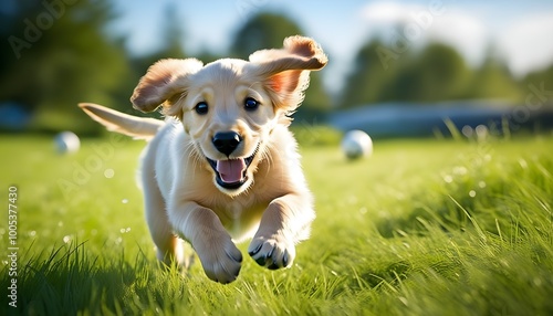 Energetic golden retriever puppy joyfully retrieving ball on lush green grass photo