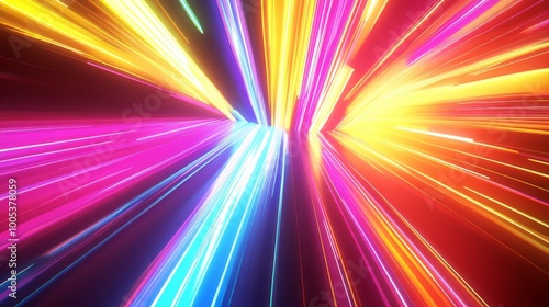 Abstract 3D background with a dynamic spectrum of bright colors, featuring neon rays and glowing lines for a striking visual effect