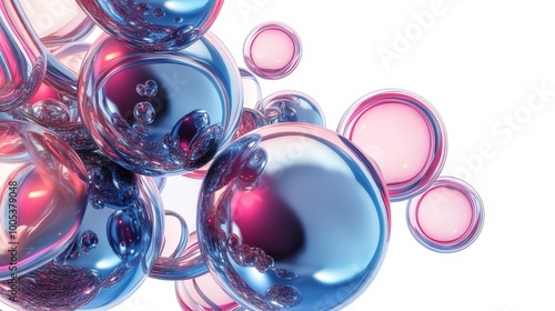 Abstract 3D composition with metallic blue and pink spheres, torus, tubes, and cones in motion, isolated on a white backdrop