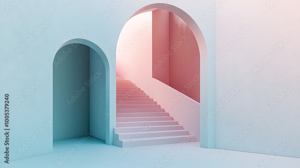 Abstract 3D geometric design featuring an arch and stairs in a modern interior, highlighted by a gradient pastel color palette Abstract 3D geometric design featuring an arch and stairs in a modern interior, highlighted by a gradient pastel color palette
